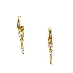 Gold Tone Huggie Hoop Earrings with Vertical Bar Crystal Channel Drop